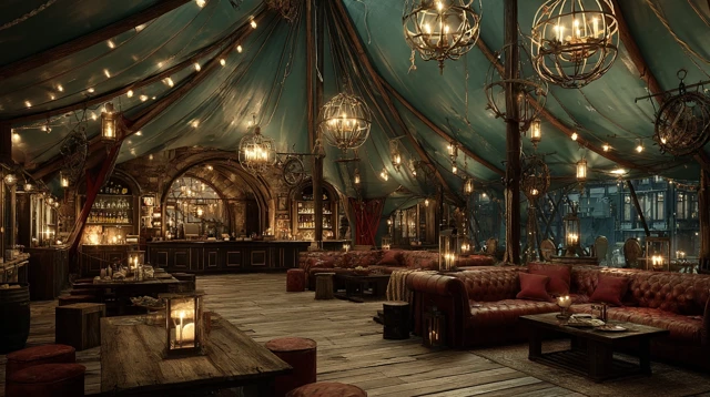 Fisher Pub Interior Under Tent: Cinematic and Hyperrealistic