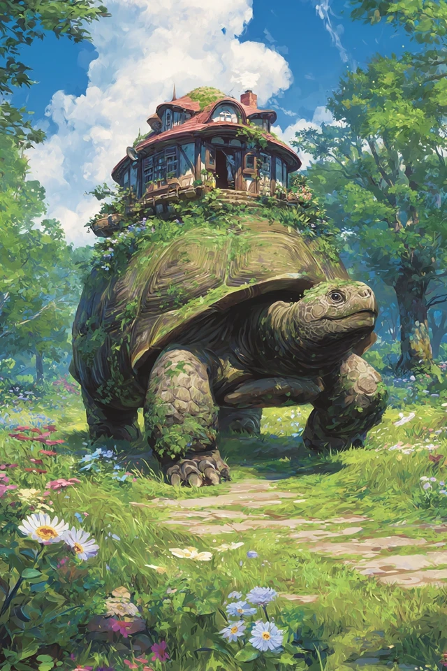 Giant Tortoise House Walking Through Forest Anime