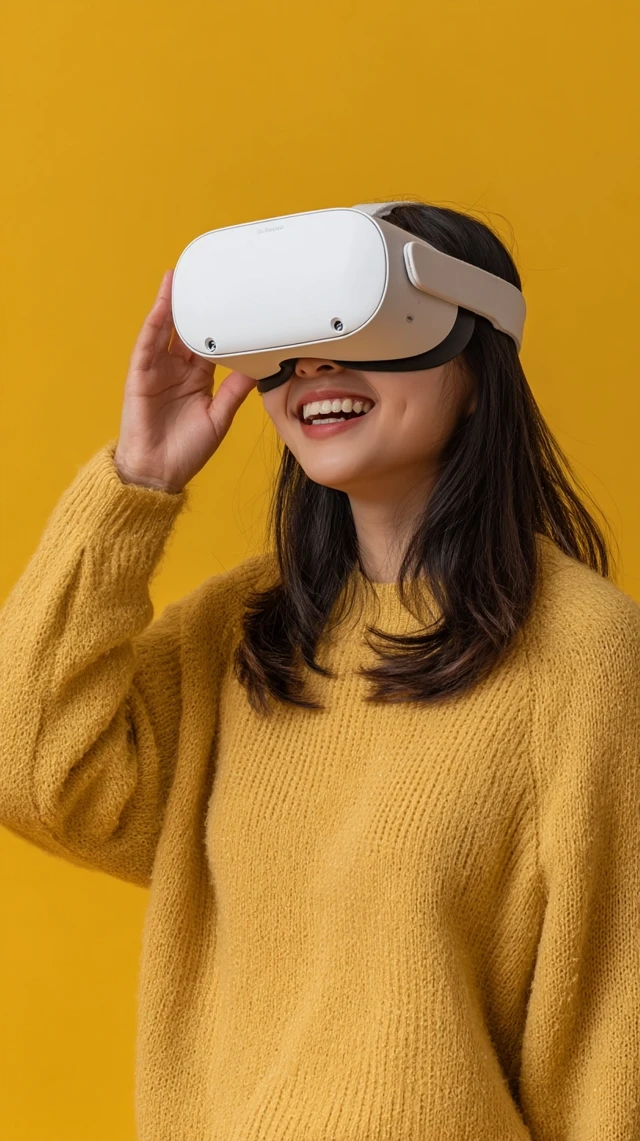Asian Girl with VR Glasses Smiling