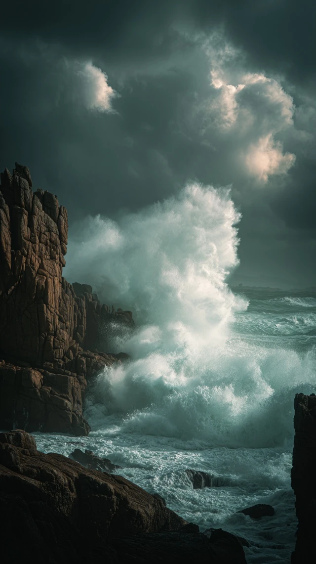 Stormy Coastal Scene Crashing Waves and Cliffs