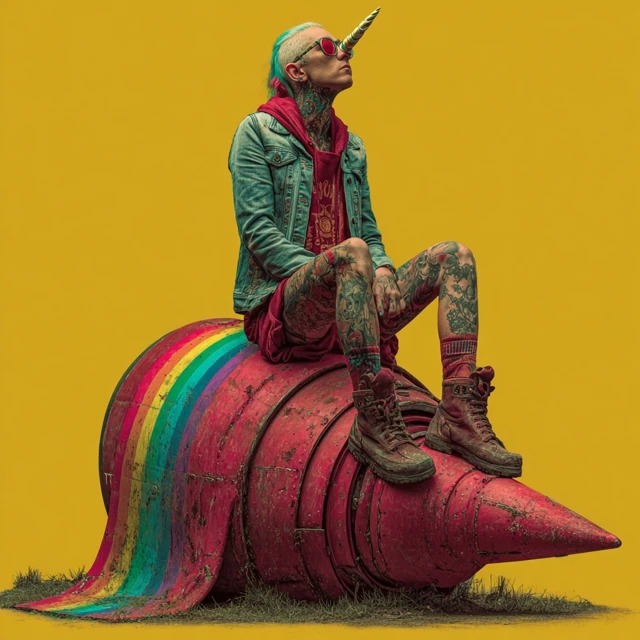 Unicorn Guy on Rainbow Rocket Space Art
