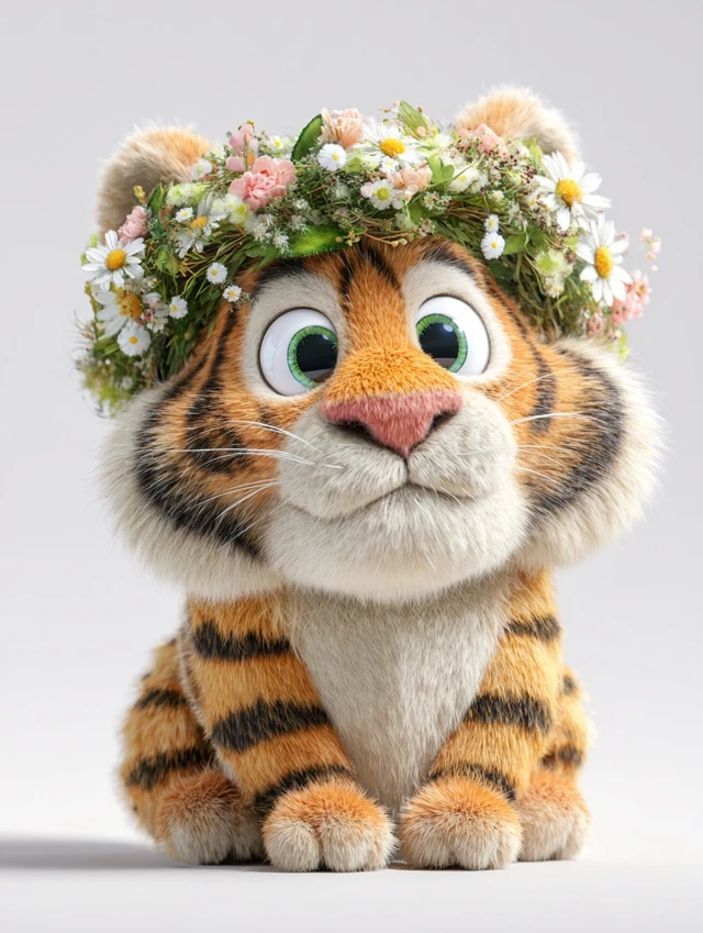 Cute Cartoon Tiger with Flower Wreath 3D Render