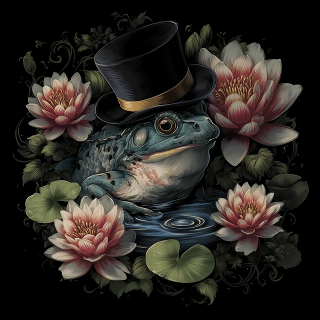 Frog in Top Hat with Water Lilies Tattoo Art
