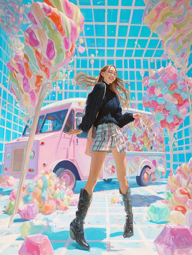 Candy Land Dream Whimsical Art with Girl Dancing