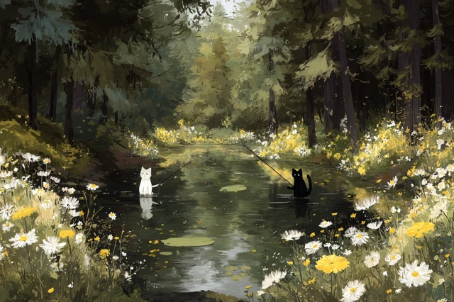 Cats Fishing by River in Forest Illustration