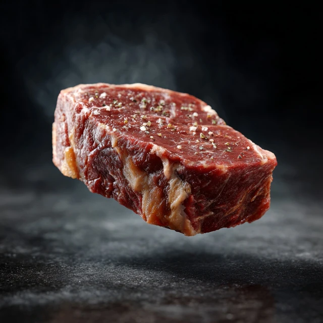 Floating Beef Steak on Black Background Photography