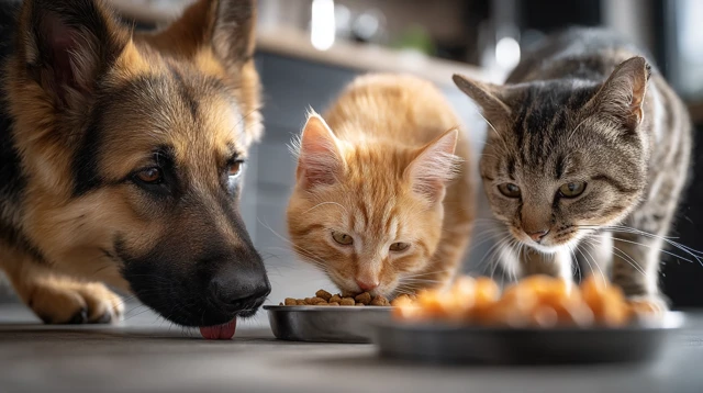 Happy Pets Cats and Dogs Eating in Kitchen