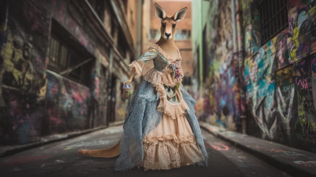 Kangaroo Woman in Vintage Dress Melbourne Alley