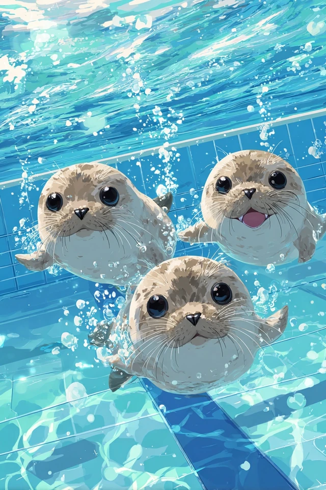 Adorable Anime Seals Swimming in Pool for Jersey Design