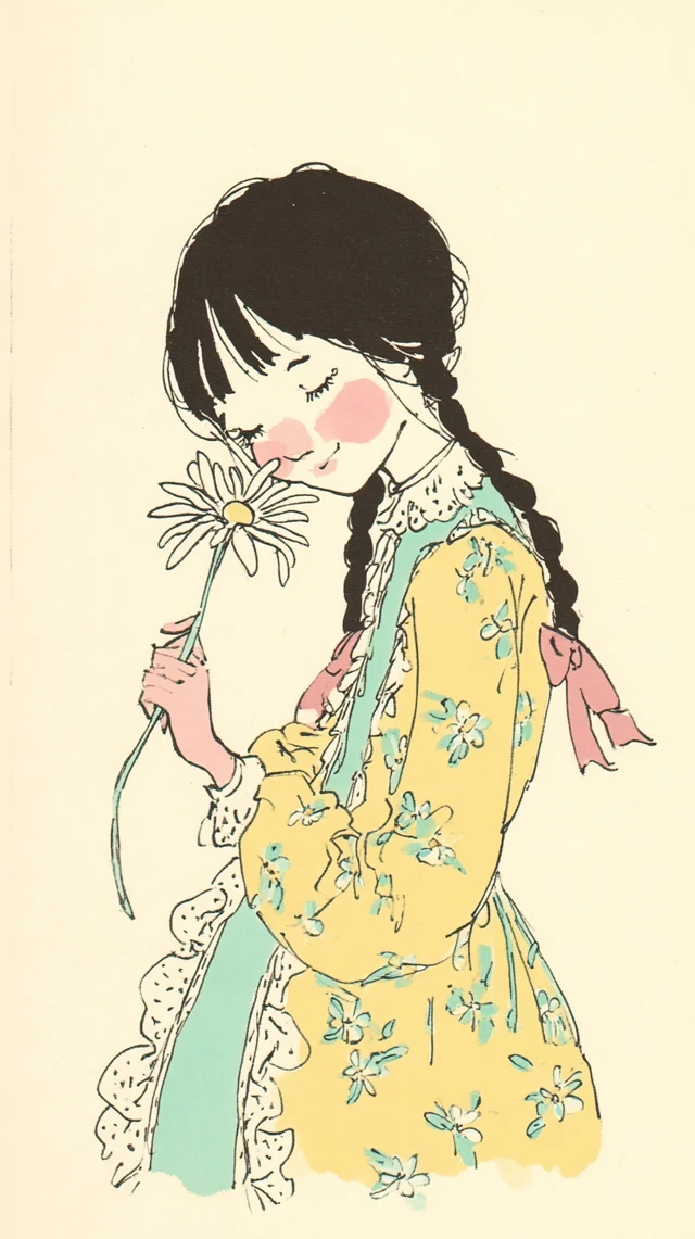 Vintage Girl Smelling Daisy Illustration