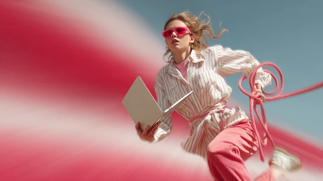 Woman in Fashion Runs with Laptop and Lasso