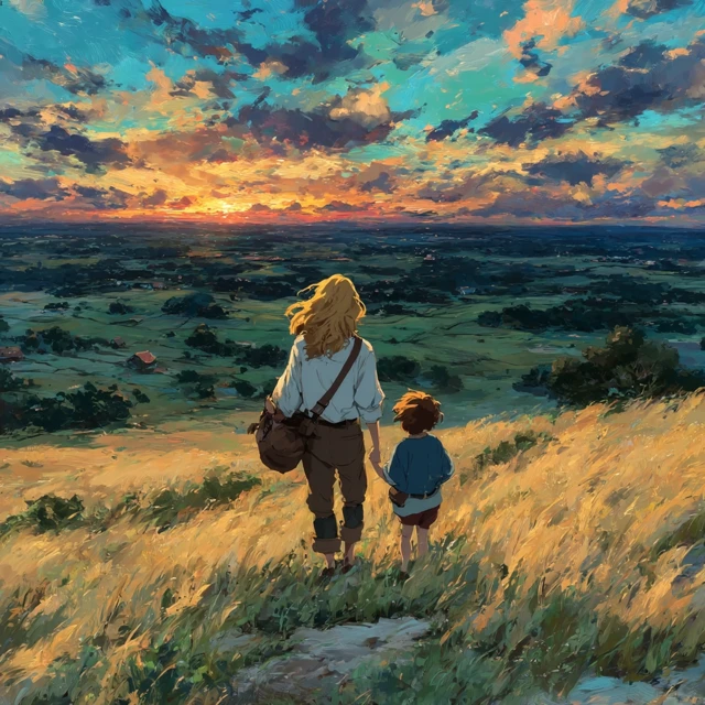 Mother and Child Sunset Illustration Disney Style