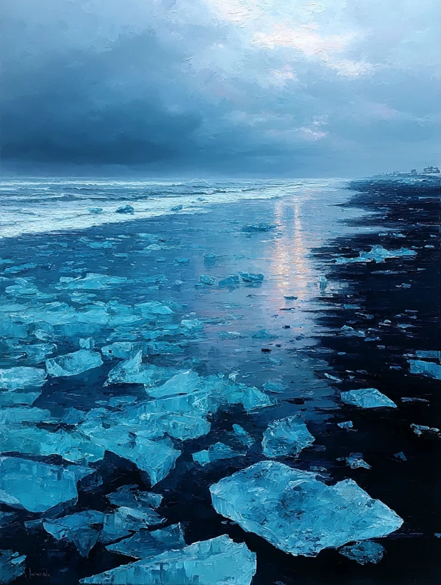 Icelandic Beach Painting Ice on Black Sand