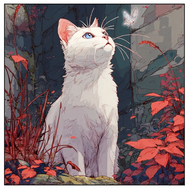 White Cat with Butterfly Anime Art