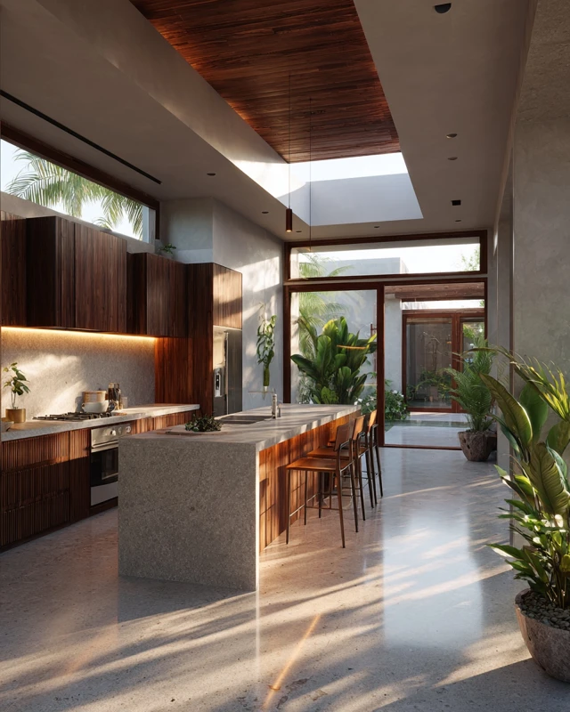 Modern Tropical Kitchen Design Dark Wood Concrete