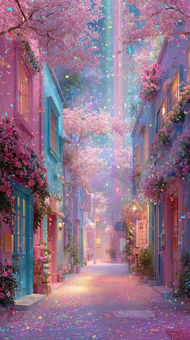 Dreamy Pastel Town Blooming With Flowers