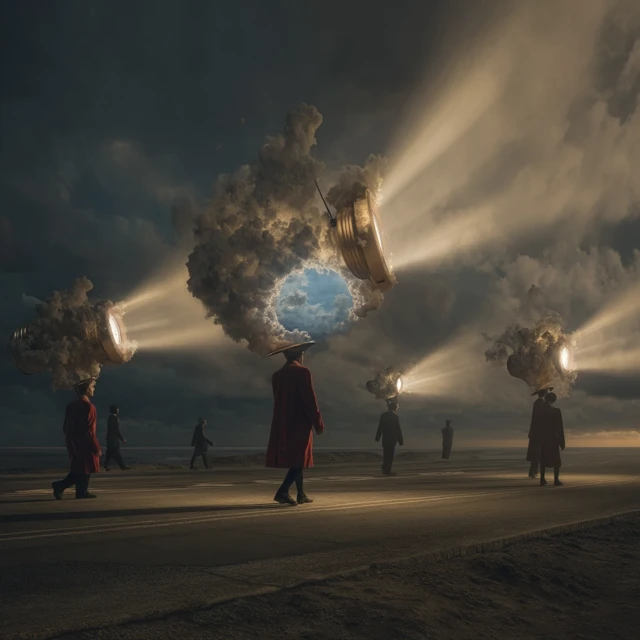 Surreal Road: People with Light Beams in a Stormy Sky