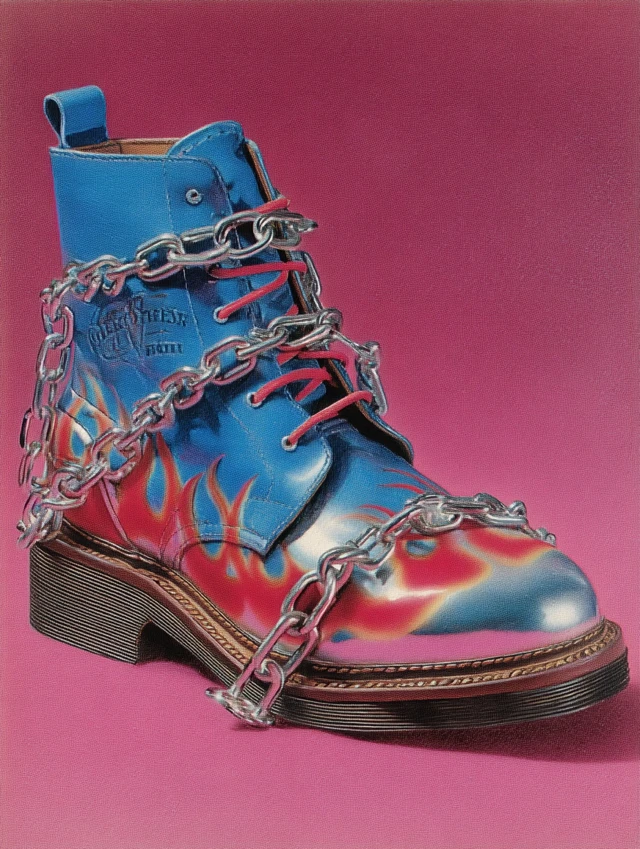 Chrome Chained Boot with Flames 80s Airbrush Art