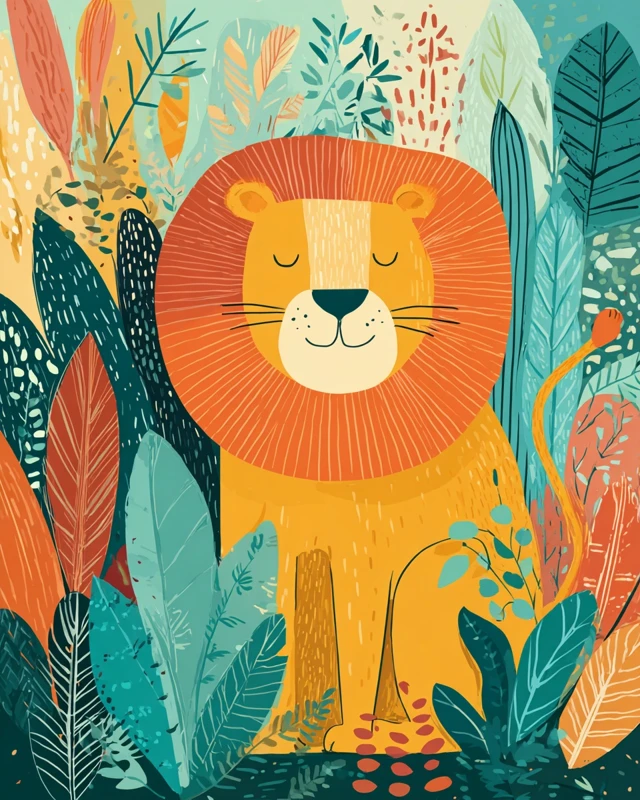 Cute Cartoon Lion in Jungle Foliage Illustration