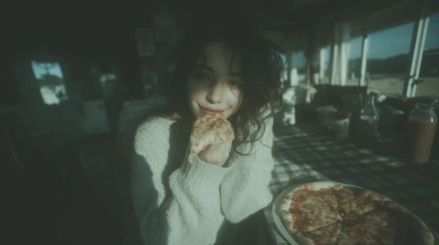 Cozy Pizza Moment Young Woman Smiling