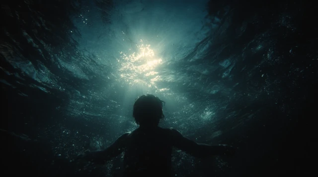 Underwater Scene Boy Floating Golden Hour