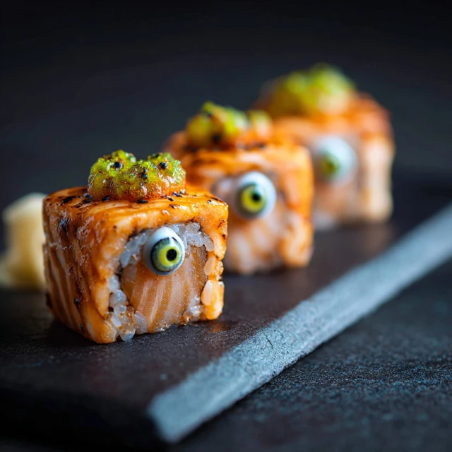 Spicy Salmon Sushi with Googly Eyes Food Photography