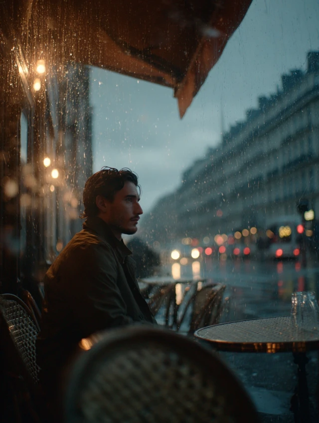 Rainy Cafe Scene Man Alone