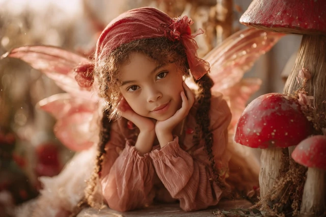 Fairy Child Model in Golden Hour Mushroom Theme