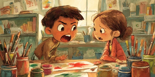 Childrens Book Illustration: Angry Boy in Classroom