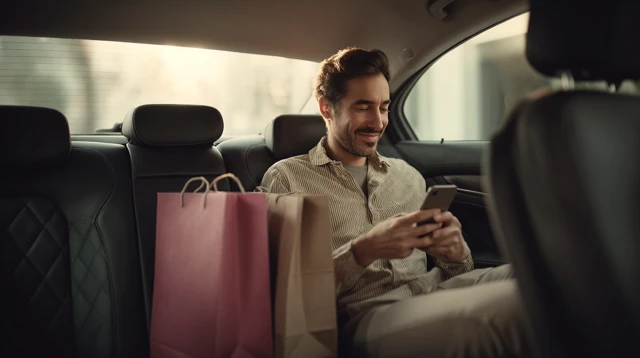 Argentinian Man in Taxi Modern Interior Smartphone Shopping