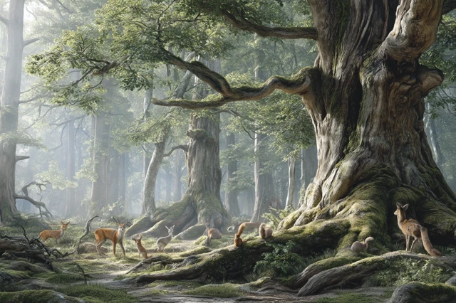 Serene Forest Clearing with Deer Sunlight and Trees