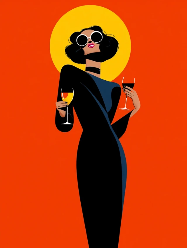 Elegant Woman Illustration with Wine - Minimal Vector Art