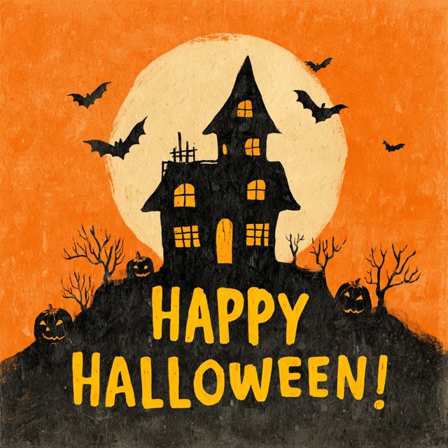 Spooky Halloween Haunted House Pumpkins Bats