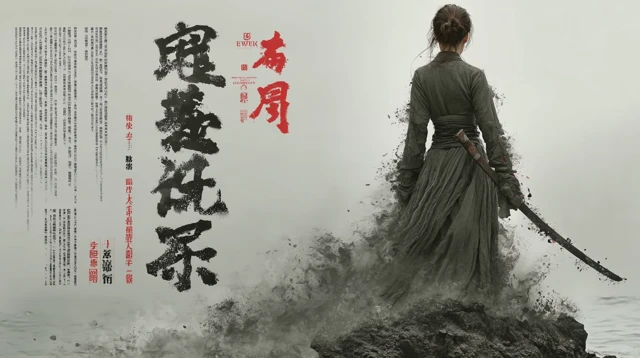 Female Swordsman on Cliff Chinese Ink Wash Painting
