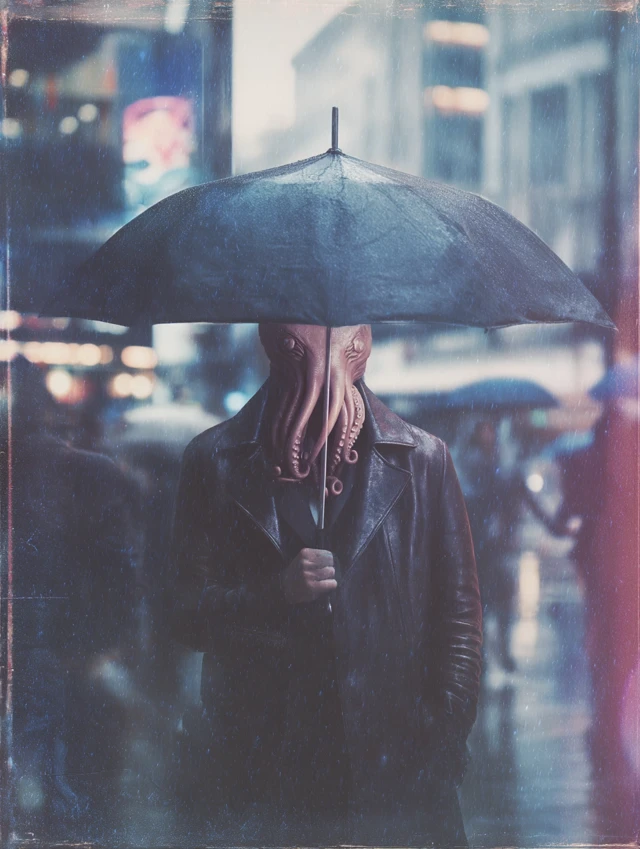 Rainy City Street Fashion With Octopus Head