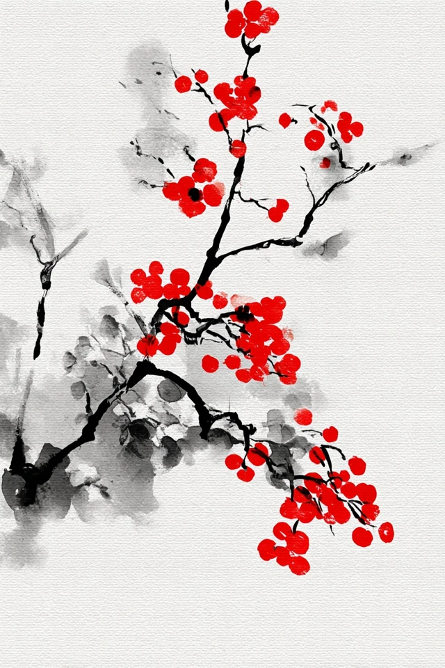 Chinese Ink Painting Holly Tree with Red Berries