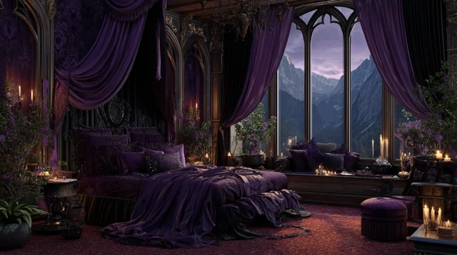 Fantasy Bedroom Purple Velvet Bed Night View