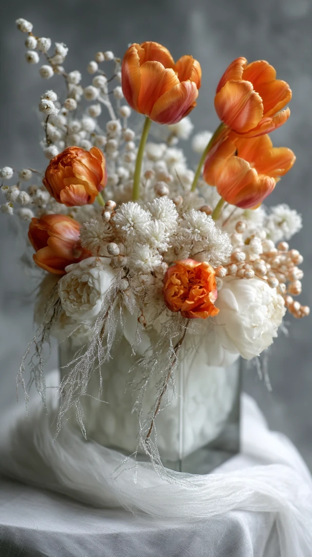 Floral Arrangement: Orange Tulips and White Mimosa