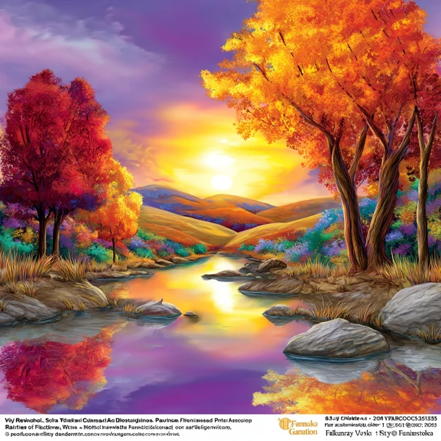 Autumn Forest Landscape Sunset River Painting