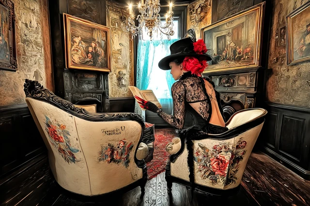 Victorian Muse Reading in Grand Living Room