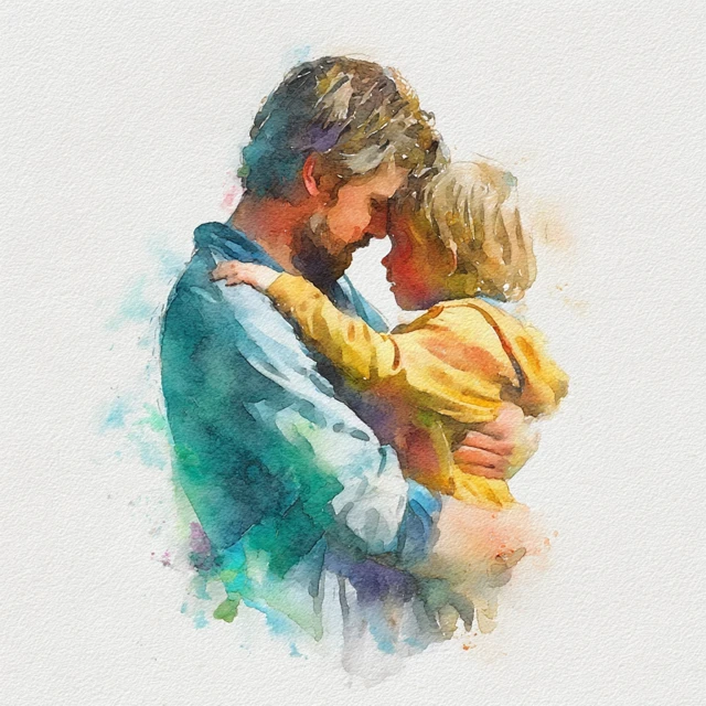 Fathers Day Card Watercolor Dad and Child Hug