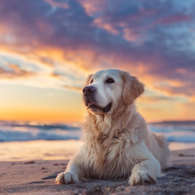 Golden Retriever on the Beach at Sunset