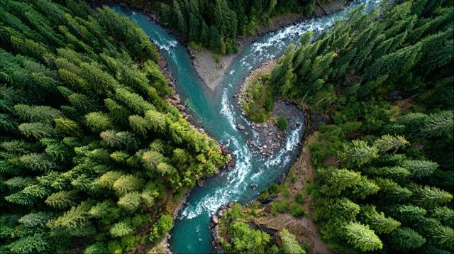 Forest River Aerial View Nature Landscape Scenery