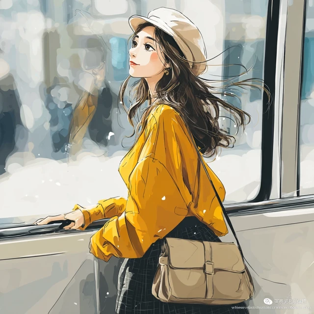 Young Woman on a Bus Anime Illustration