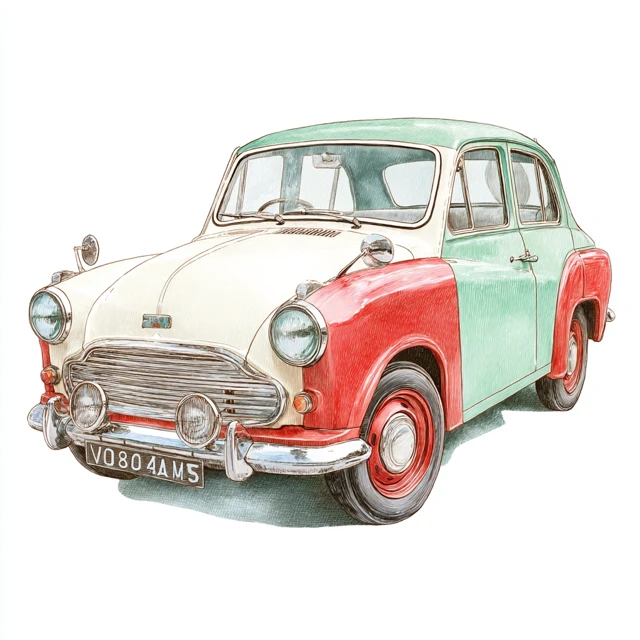 Retro Car Illustration Watercolor and Colored Pencil Art