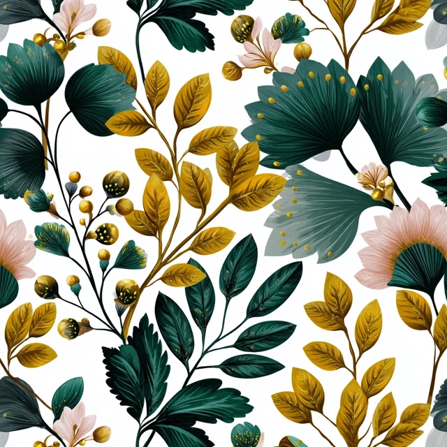 Botanical Pattern Green Yellow Peach Leaves