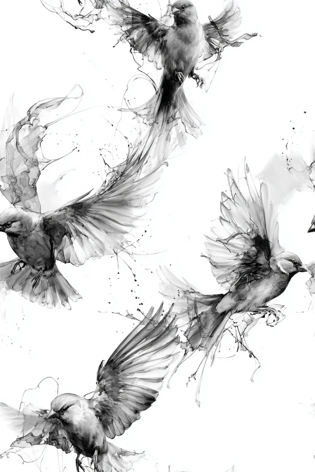 Flying Birds Alcohol Ink Art Greyscale Artistic
