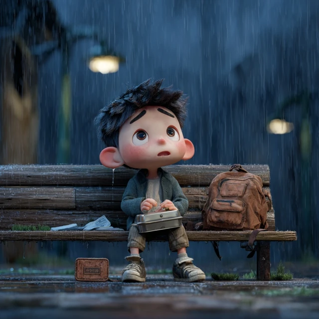 Sad Korean Schoolboy in Rain 3D Cartoon