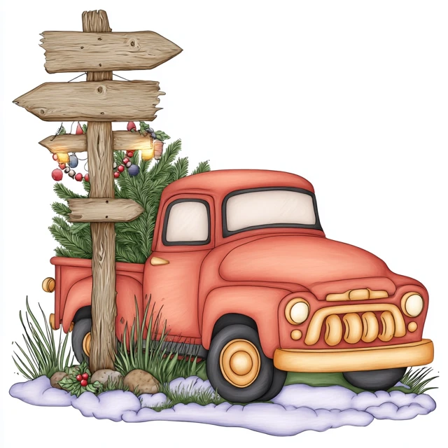 Vintage Red Truck Christmas Illustration
