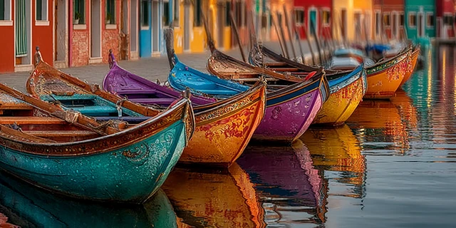 Venetian Gondolas Colorful Line Venice Travel Photography
